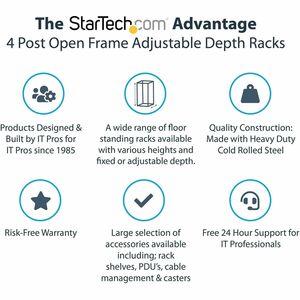 StarTech.com 42U Adjustable Depth Open Frame 4 Post Server Rack Cabinet - Flat Pack w/ Casters, Levelers and Cable Managem