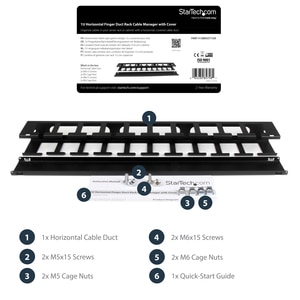 StarTech.com 1U Horizontal Finger Duct Rack Cable Management Panel with Cover - Server Rack Cable Duct - Rack Cable Organi