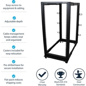 StarTech.com 4-Pfosten 25 HE Mobiles Open Frame Serverrack, 19" Netzwerk Rack, Rack für AV/IT; Rollen, Nivellierfüße oder 