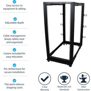 StarTech.com 25U Adjustable Depth Open Frame 4 Post Server Rack w/ Casters / Levelers and Cable Management Hooks - Steel, 