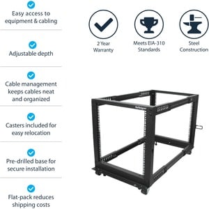 StarTech.com 12U Adjustable Depth Open Frame 4 Post Server Rack w/ Casters / Levelers and Cable Management Hooks - Steel, 