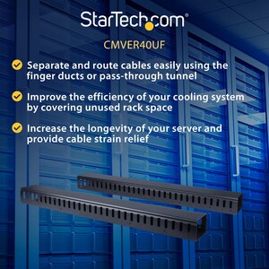 StarTech.com Vertical Cable Organizer with Finger Ducts - Vertical Cable Management Panel - Rack-Mount Cable Raceway - 40U