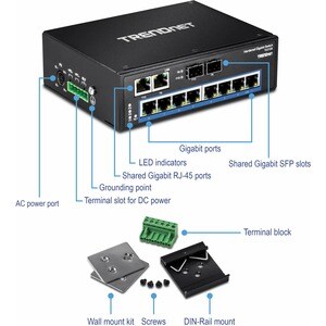 TRENDnet 10-Port Hardened Industrial Gigabit DIN-Rail Switch, 20Gbps Switching Capacity, DIN-Rail And Wall Mounts Included