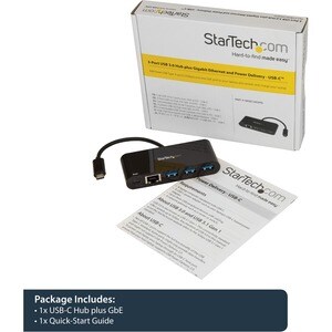 StarTech.com USB-C to Ethernet Adapter with 3-Port USB 3.0 Hub and Power Delivery - USB-C GbE Network Adapter + USB Hub w/