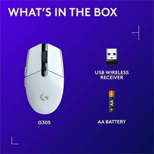 Logitech G305 LIGHTSPEED Wireless Gaming Mouse, HERO Sensor, 12,000 DPI, 6 Programmable Buttons, White - Optical - Wireles