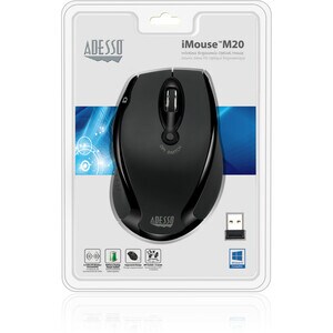 Adesso iMouse M20B - Wireless Ergonomic Optical Mouse - Optical - Wireless - 30 ft - Radio Frequency - 2.40 GHz - Black - 