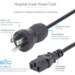 StarTech.com 10ft (3m) Hospital Grade Power Cord, 18AWG, NEMA 5-15P to C13, 10A 125V, Green Dot Medical Power Cable, Monit