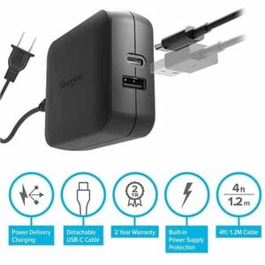Targus 65W USB-C/USB-A Charger - 65 W - 120 V AC, 230 V AC Input - 5 V DC/3 A, 9 V DC, 12 V DC, 15 V DC, 20 V DC Output - 