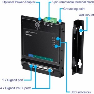 TRENDnet 5-Port Industrial Gigabit Poe+ Wall-Mounted Front Access Switch; 5X Gigabit Poe+ Ports; DIN-Rail Mount; 48 �57V D