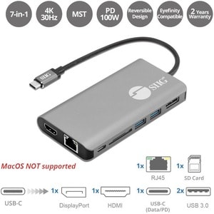 SIIG USB-C MST Video with Hub, LAN and PD 3.0 Docking - 7-in-1 MST Docking Station with 100W PD - MacOS for DP or HDMI Vid