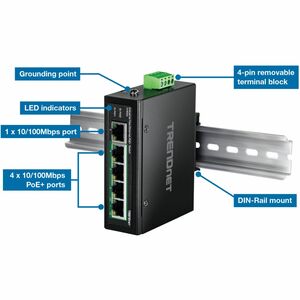 5-Port Industrial Fast Ethernet PoE+ DIN-Rail Switch