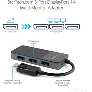 StarTech.com 3-Port Multi-Monitor DisplayPort Adapter, DP auf 3x DisplayPort 1.4 Splitter, Dreifach 4K MST Hub, USB Betrie