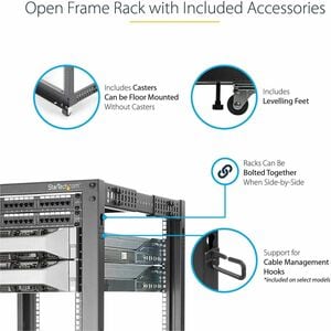 StarTech.com 4-Post 18U Mobile Open Frame Server Rack, 19" Network Rack with Casters, Rolling Rack for Computer/AV/Data/IT