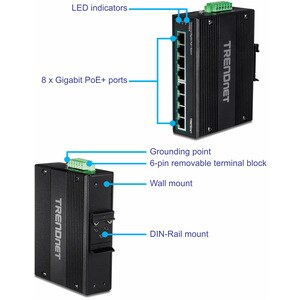 TRENDnet 8-Port Hardened Industrial Unmanaged Gigabit 10/100/1000Mbps DIN-Rail Switch w/ 8 x Gigabit PoE+ Ports; TI-PG80B;