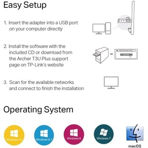 TP-Link T3U Plus IEEE 802.11ac Dual Band Wi-Fi Adapter for Desktop Computer/Notebook - USB 3.0 - 1.27 Gbit/s - 2.40 GHz IS