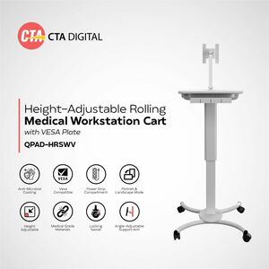 CTA Digital Height-Adjustable Rolling Medical Workstation Cart with VESA Plate - 4 Casters - 1