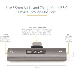 StarTech USB C Audio & Charge Adapter, USB-C Audio Adapter with 3.5mm Headset Jack and USB Type-C PD Charging, For USB-C P