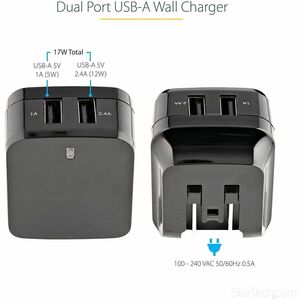 StarTech 2 Port USB Wall Charger, 17W Wall Charger Hub (2.4A & 1A port), Dual USB-A Power Adapter, Portable Charger for Ph