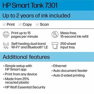 HP Smart Tank 7301 All-in-One Printer-Multifunction printer-color-ink-jet-refillable-Copier/Scanner-4800x1200 dpi Print-Au