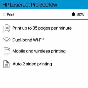 HP LaserJet Pro 3000 3001dw Desktop Wireless Laser Printer - Monochrome - 35 ppm Mono - 1200 x 1200 dpi Print - Automatic 