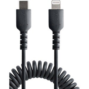 StarTech.com 50cm / 20in USB C to Lightning Cable, MFi Certified, Coiled iPhone Charger Cable, Black, TPE Jacket Aramid Fi