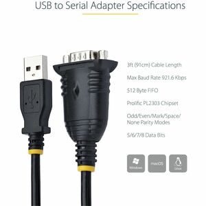 StarTech.com Adaptateur USB vers Série de 1m - Convertisseur DB9 Mâle vers USB - Adaptateur USB RS232, Prolific IC - Windo