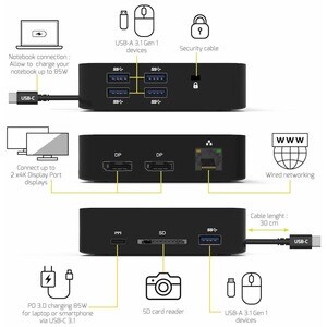 Port Connect USB Type C Docking Station for Notebook/Smartphone - 85 W - 2 Displays Supported - 4K - 3840 x 2160 - 1 x USB