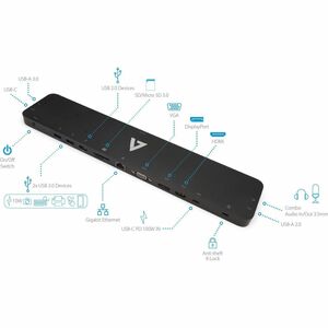 V7 DOCKUCPT01 USB Tipo C Estação de ancoragem - Capacidade de carregamento - Leitor de cartão de memória - SD, microSD, Mu