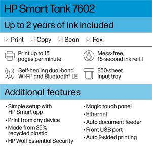 HP 7602 Wired & Wireless Smart Tank Inkjet Multifunction Printer - Color - Copier/Fax/Printer/Scanner - 4800 x 1200 dpi Pr