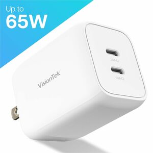 VisionTek 65W GaN II Power Adapter - 2 Port - 65 W - 120 V AC, 230 V AC Input - 5 V DC, 9 V DC, 12 V DC, 15 V DC, 20 V DC,
