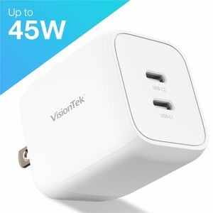 VisionTek 45W GaN II Power Adapter - 2 Port - 45 W - 120 V AC, 230 V AC Input - 3.3 V DC, 5 V DC, 12 V DC, 15 V DC, 16 V D