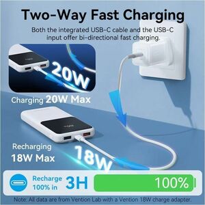 Vention FHO Power Bank - White - For Smartphone, iPhone - 10000 mAh - 22.50 W - 3 A, 2.22 A, 1.67 A, 2 A, 2.25 A, 1.50 A, 
