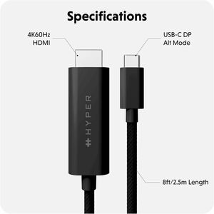 Hyper HyperDrive HD6007BKGL 2,50 m HDMI/USB-C AV-Kabel - Cable for Audio-/Video-Gerät, USB Gerät, Monitor, Smartphone, Tab
