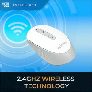Adesso iMouse A30W Mouse - Radio Frequency - USB Type A - Optical - 4 Button(s) - White - Wireless - 9.14 m - 2.40 GHz - 1
