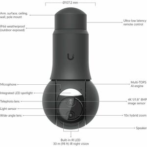 Ubiquiti UVC-G6-PTZ 8 Megapixel Outdoor 4K Network Camera - Colour - Black - 30 m Infrared Night Vision - 3840 x 2160 - 4.