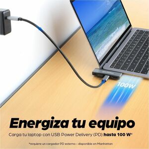 Manhattan USB-C Travel Dock/Hub, Ports (x4): HDMI, USB-A, USB-C and 3.5mm audio, With Power Delivery (100W) to USB-C Port,