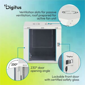 Digitus Dynamic-N 12U Wall Mountable Enclosed Cabinet Rack Cabinet for Networking, Server - Light Grey - Steel, Glass, She