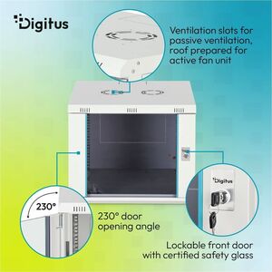 Digitus Dynamic-N 9U Wandmontierbar Geschlossener Schrank Rackschrank für Networking, Server - Hellgrau - Glas, Stahl, Ble