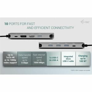i-tec 10 Port(s) USB Type C Docking Station for Monitor, Notebook, Tablet PC, Workstation - Charging Capability - 3 Displa