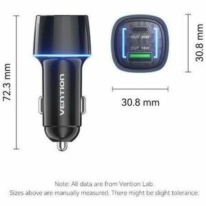 VENTION TWO-PORT USB-C + A (30W + 18W) CAR CHARGER BLACK ABS