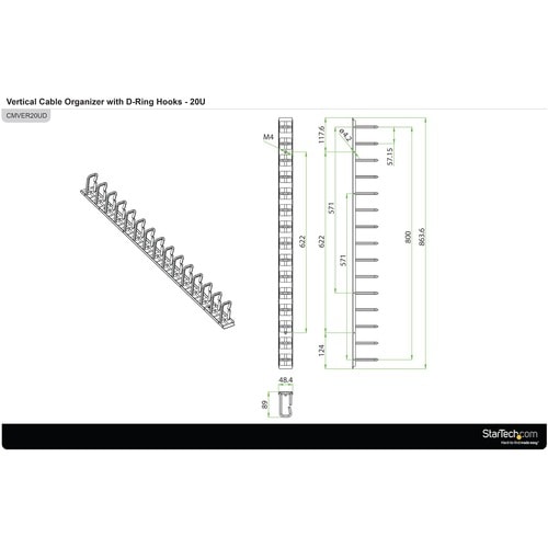 StarTech.com Vertikaler Kabelordner mit D-Hacken - 0U - 85cm - Rack Kabelmanager - Kabelbündler - 20U Rack-Höhe x 5,08 cm 