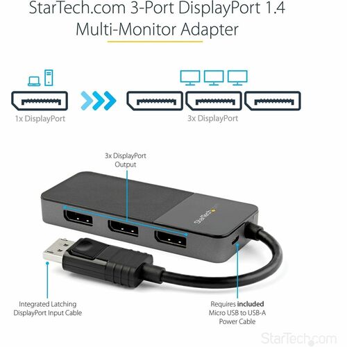 StarTech.com 3-Port Multi-Monitor DisplayPort Adapter, DP auf 3x DisplayPort 1.4 Splitter, Dreifach 4K MST Hub, USB Betrie