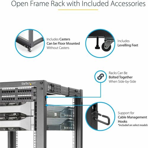 StarTech.com 4-Pfosten 18 HE Mobiles Open Frame Serverrack, 19" Netzwerk Rack, Rack für AV/IT; Rollen, Nivellierfüße oder 