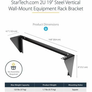 StarTech.com 2U 19in Steel Vertical Wall Mount Equipment Rack Bracket - Mount a server, network or telecommunications devi