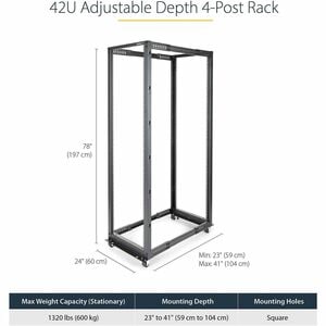 StarTech.com Rack Serveur Mobile 42U à 4 Montants, Rack Réseau 19 pouces Ajustable - Roulettes, Pieds de Mise à Niveau ou 