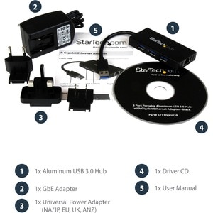 StarTech.com 3 Port Portable USB 3.0 Hub with Gigabit Ethernet Adapter NIC - 5Gbps - Aluminum w/ Cable - Add 3 external US