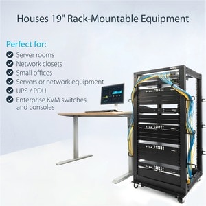 StarTech.com 4-Post 25U Mobile Open Frame Server Rack, 19in Network Rack with Casters, Rolling Rack for Computer/AV/Data/I