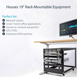 StarTech.com 12U Adjustable Depth Open Frame 4 Post Server Rack w/ Casters / Levelers and Cable Management Hooks - Steel, 