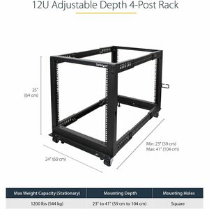StarTech.com 4-Post 12U Mobile Open Frame Server Rack, 19" Network Rack with Casters, Rolling Rack for Computer/AV/Data/IT