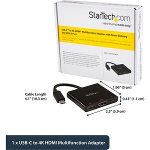 StarTech.com USB C Multiport Adapter with HDMI 4K & 1x USB 3.0 - PD - Mac & Windows - USB Type C All in One Video Adapter 